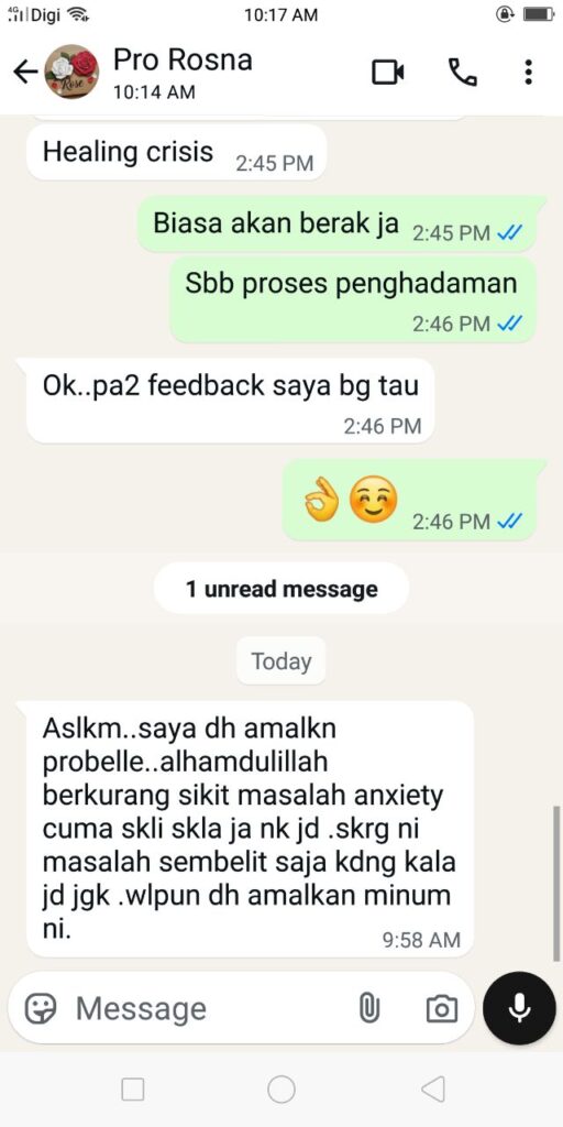 Tangkapan skrin perbualan WhatsApp testimoni pelanggan ProBellee