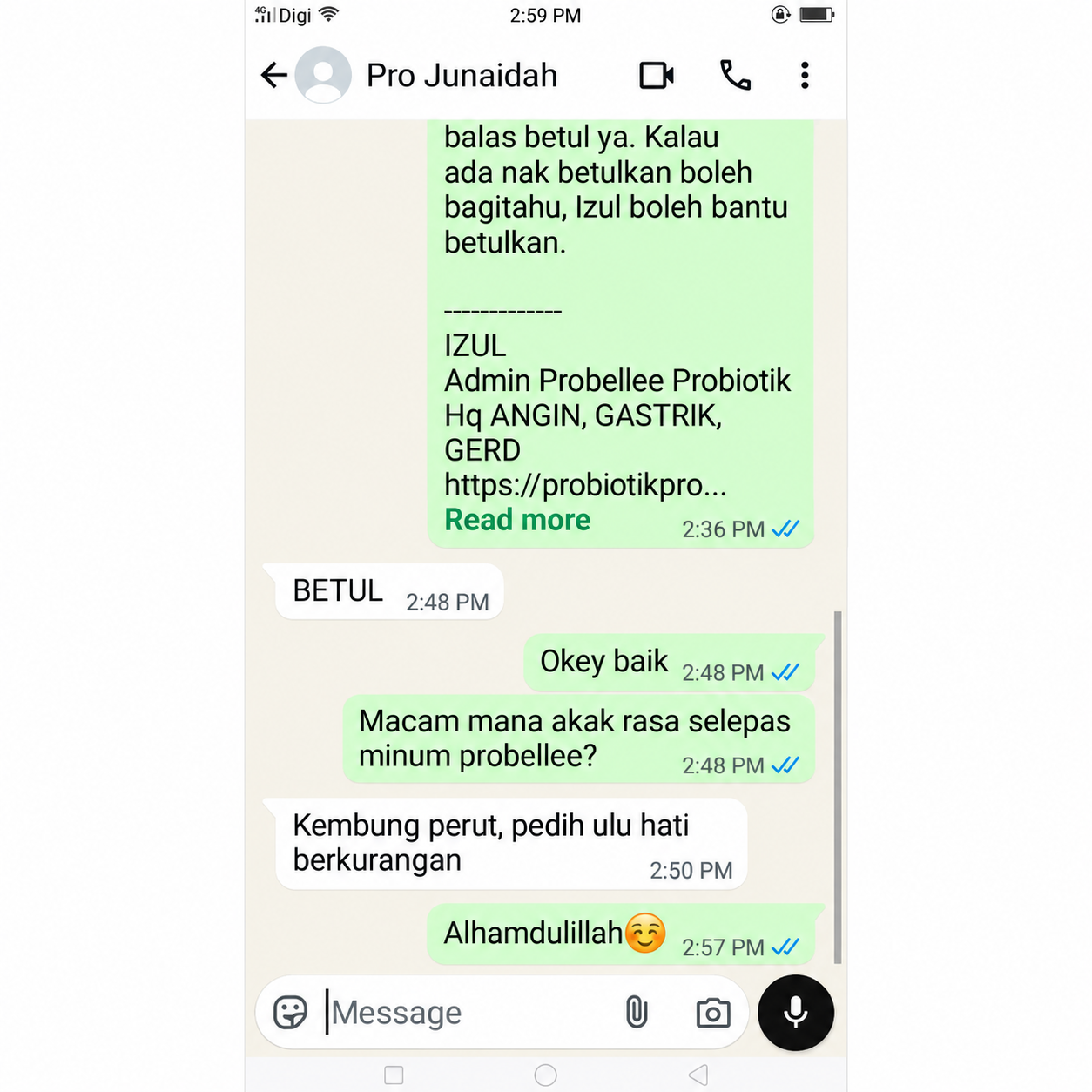Tangkapan skrin perbualan WhatsApp testimoni pelanggan ProBellee