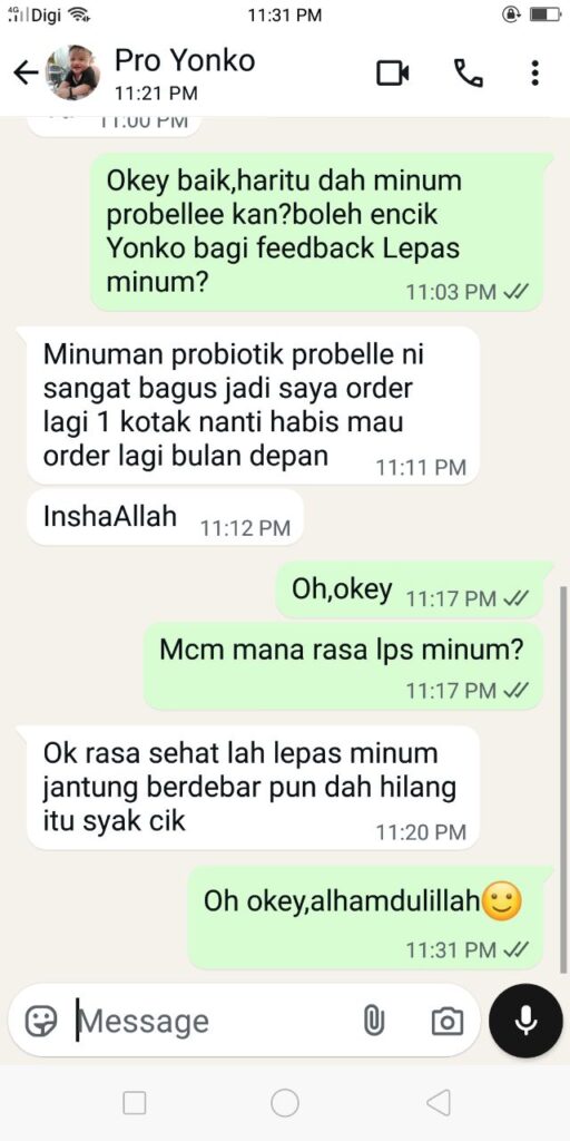Tangkapan skrin perbualan WhatsApp testimoni pelanggan ProBellee