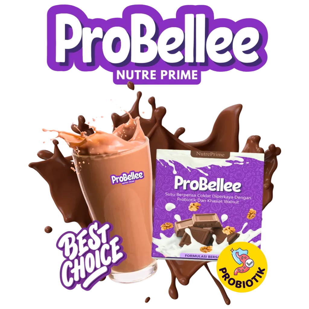 ProBellee Nutre Prime: segelas minuman coklat bersama kotak produk