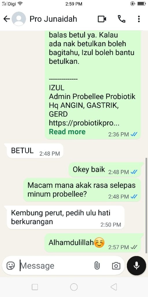 Tangkapan skrin perbualan WhatsApp testimoni pelanggan ProBellee